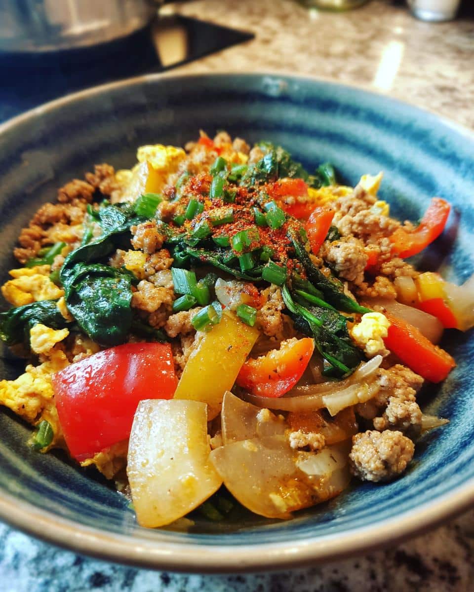 Close-up of a vibrant Egg and Turkey Power Bowl with scrambled eggs, ground turkey, spinach, and bell peppers.