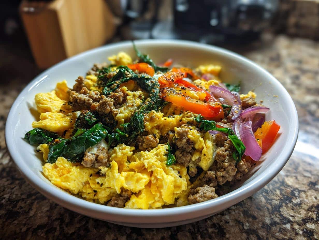 A vibrant Egg and Turkey Power Bowl featuring scrambled eggs, ground turkey, spinach, and colorful bell peppers.