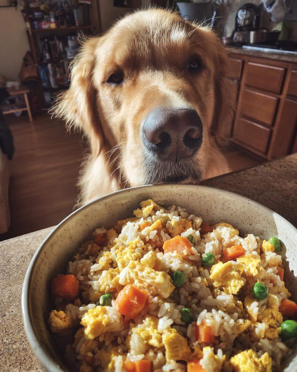 Golden Retriever looking longingly at a bowl of Egg & Veggie Dog Food with rice, carrots, and peas.