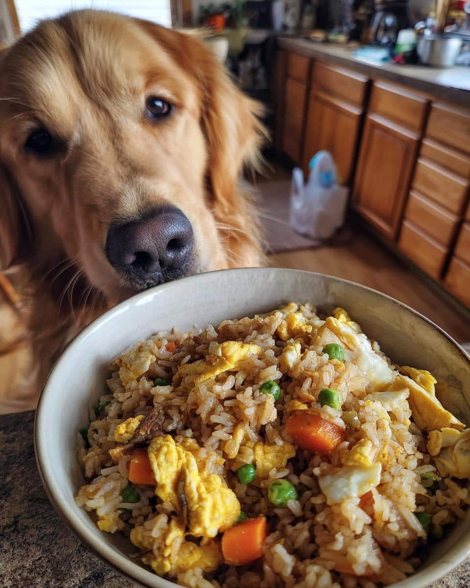 Golden Retriever looking longingly at a bowl of Egg & Veggie Dog Food. Recipe in blog post.