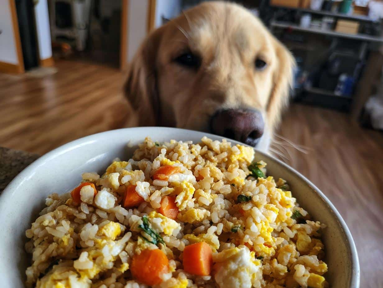 Golden Retriever intently watches a bowl of Egg & Veggie Dog Food Recipe. Healthy and delicious!