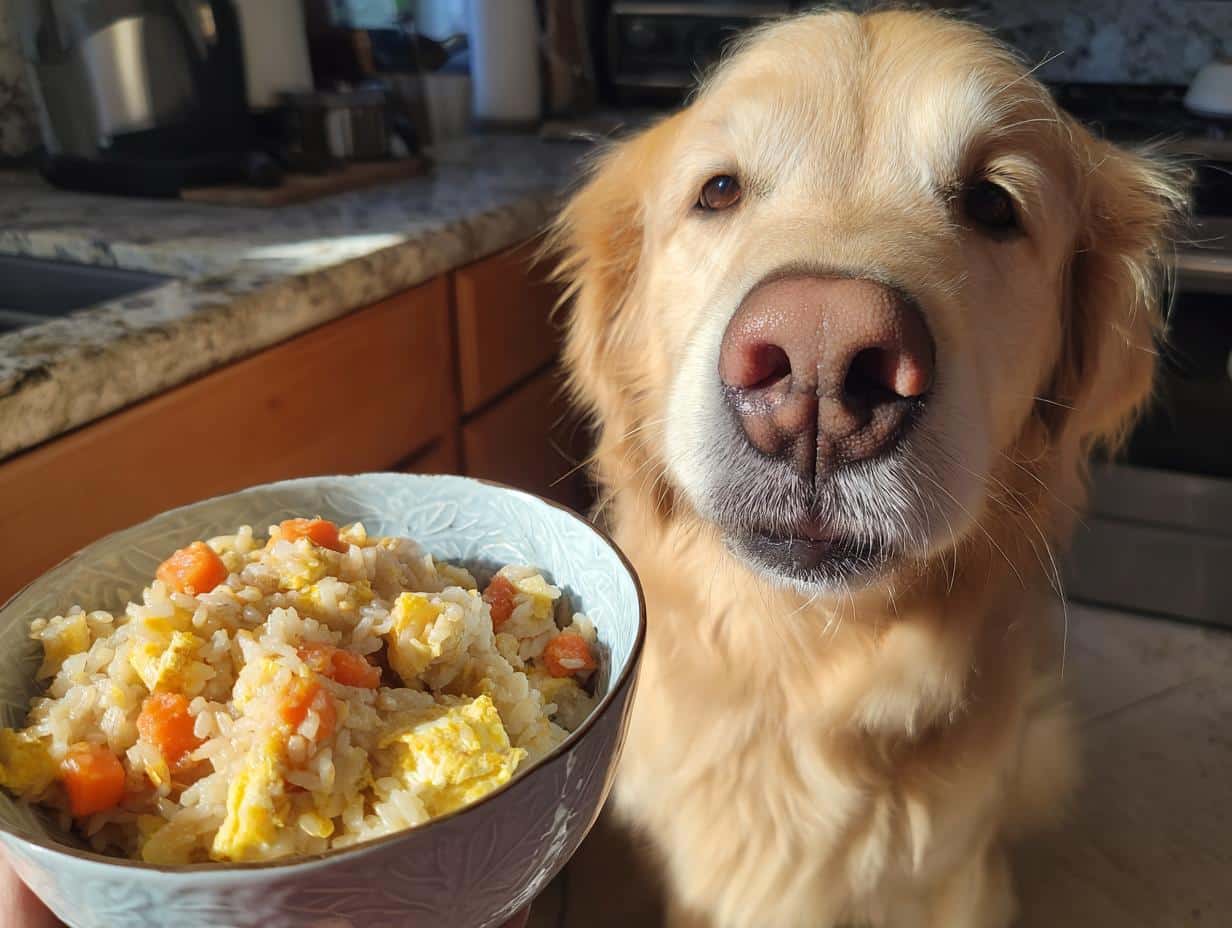 Golden retriever looking at a bowl of Egg & Veggie Healthy Dog Recipe. Carrots and eggs are visible.