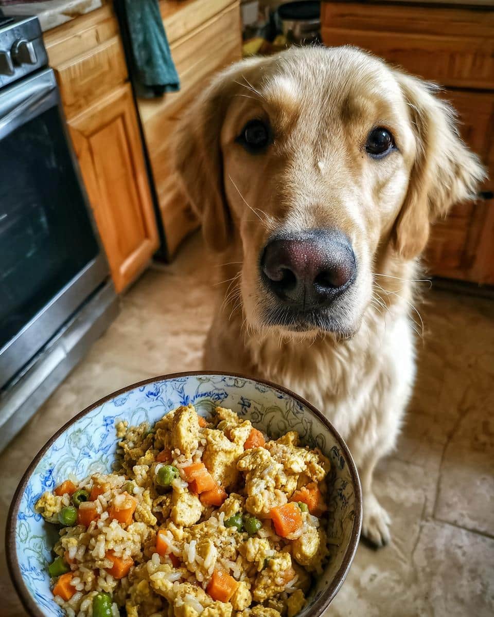 Golden retriever looking at a bowl of Egg & Veggie Healthy Dog Recipe with rice, carrots, and peas.