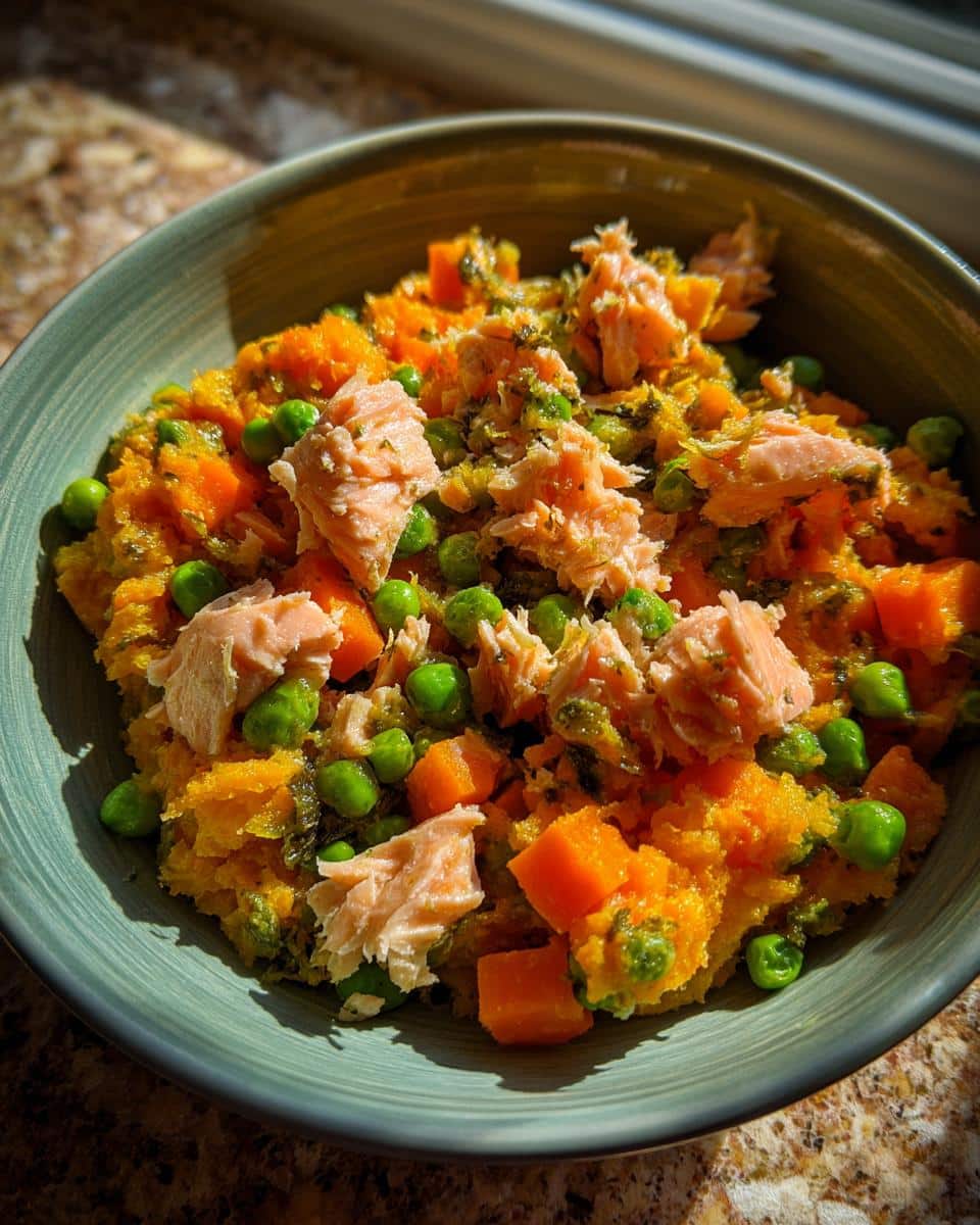 A bowl of Fish and Veggie Delight DOG RECIPE, featuring salmon, sweet potato, and peas.