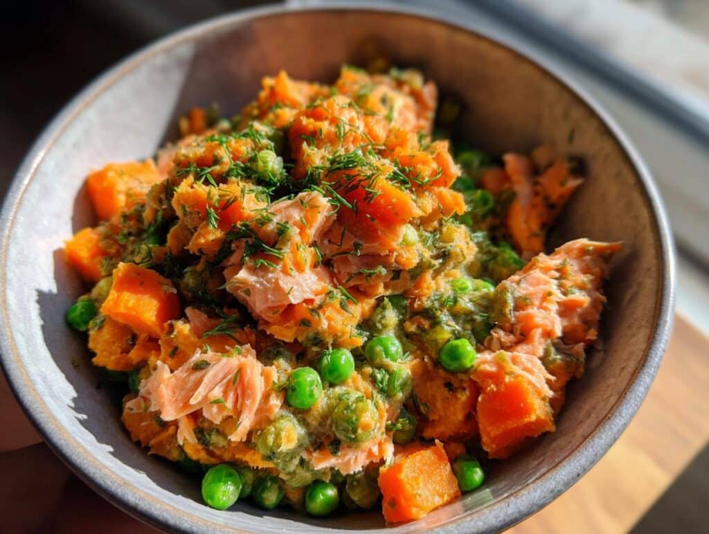 Bowl of Fish and Veggie Delight DOG RECIPE featuring salmon, carrots, and peas. Healthy dog food.