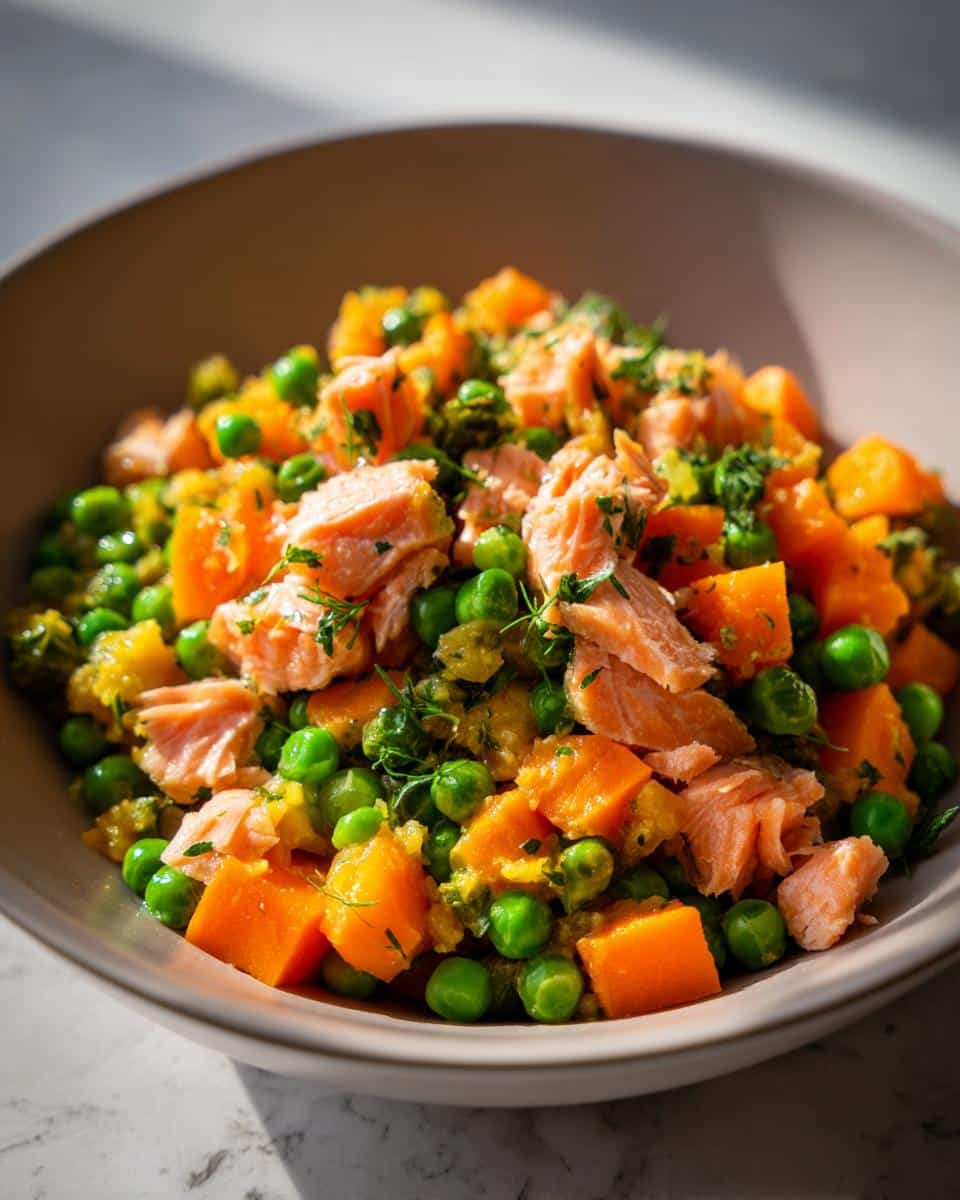 A bowl of Fish and Veggie Delight DOG RECIPE, featuring salmon, peas, and sweet potatoes.