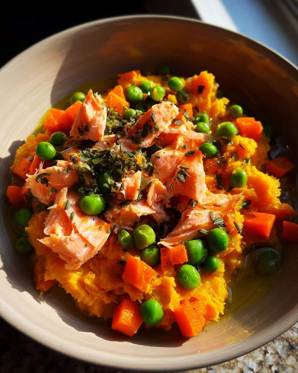 Bowl of Fish and Veggie Delight DOG RECIPE, featuring salmon, peas, and diced sweet potato.