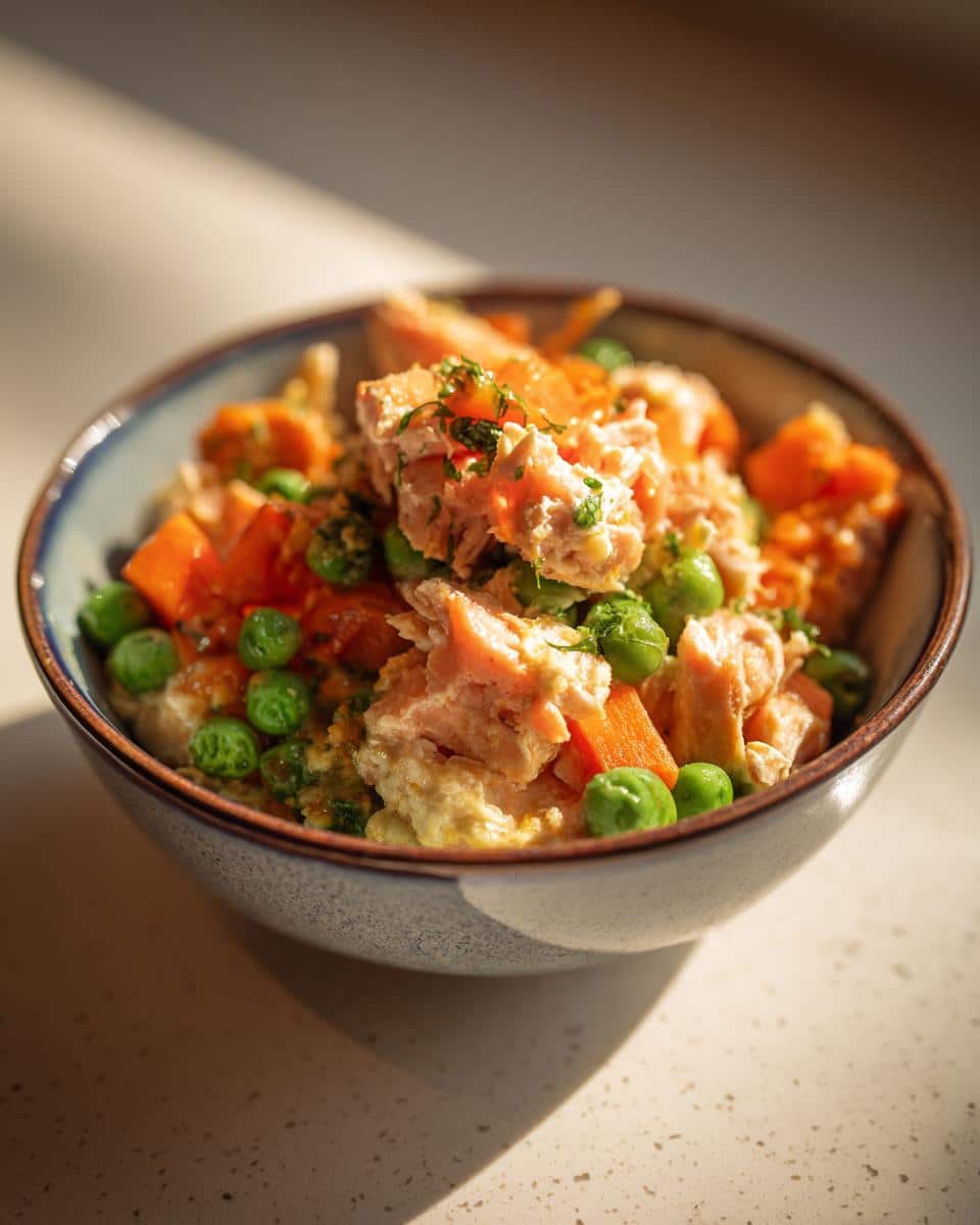 Bowl of Fish and Veggie Delight DOG RECIPE featuring salmon, sweet potato, peas, and rice.