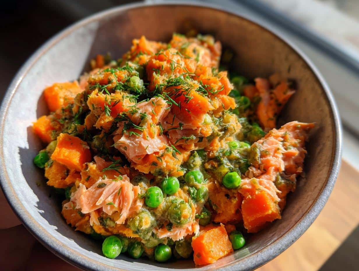 Bowl of Fish and Veggie Delight DOG RECIPE featuring salmon, carrots, and peas. Healthy dog food.