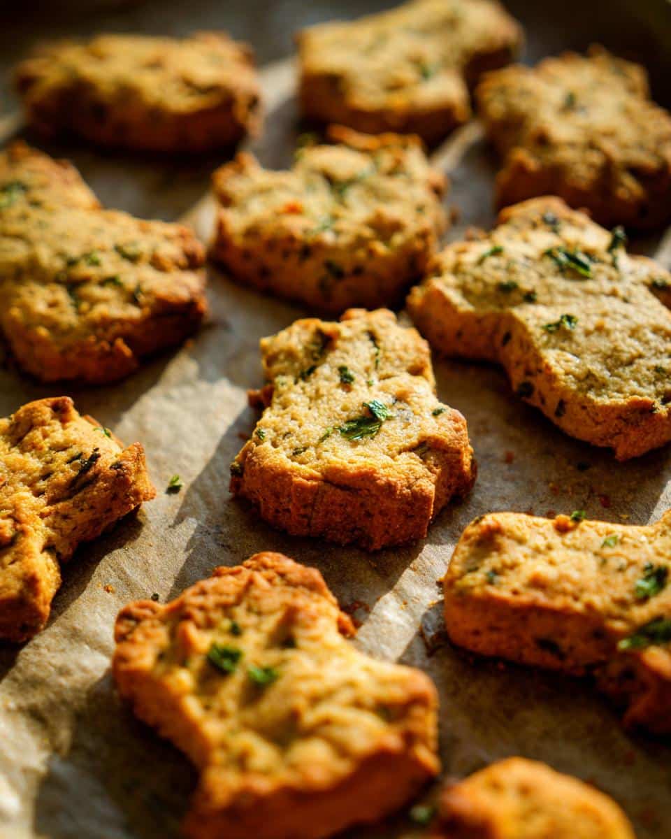 Several fresh dog treats for bad breath, baked and cooling on a parchment-lined baking sheet, sprinkled with herbs.