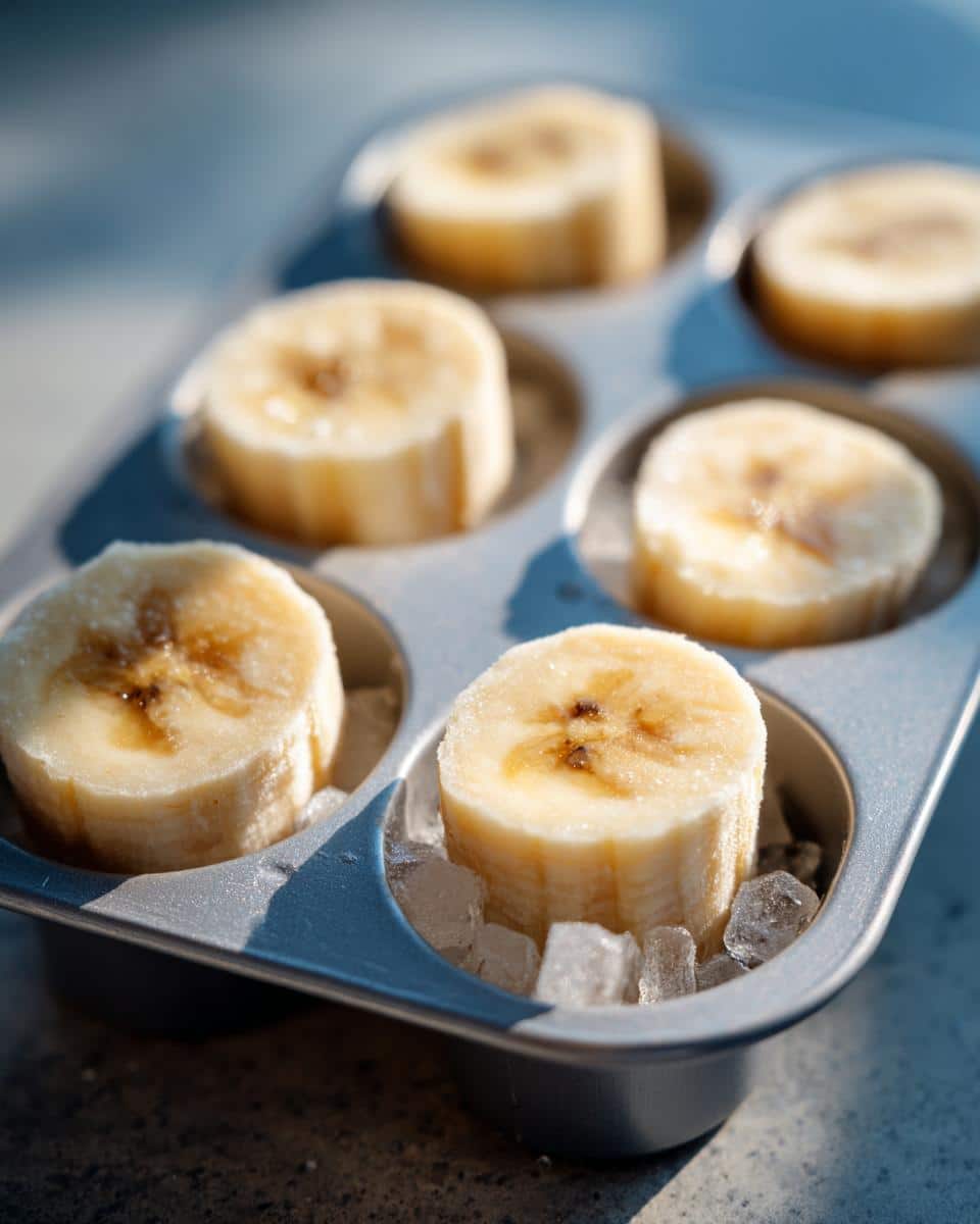 Banana slices in an ice cube tray, preparing for Frozen Banana Dog Treat Recipes. Ripe banana in the background.