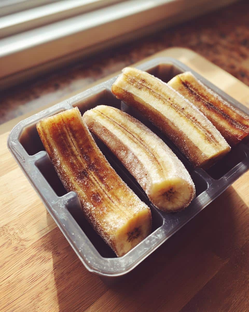 Preparing frozen banana dog treat recipes: banana halves in a tray, ready to freeze.