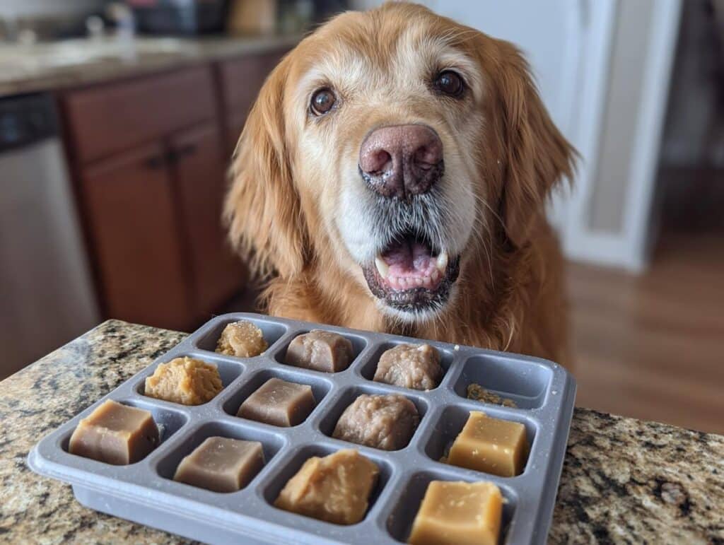Golden retriever eagerly awaits Frozen Banana Peanut Butter Bites in an ice cube tray.
