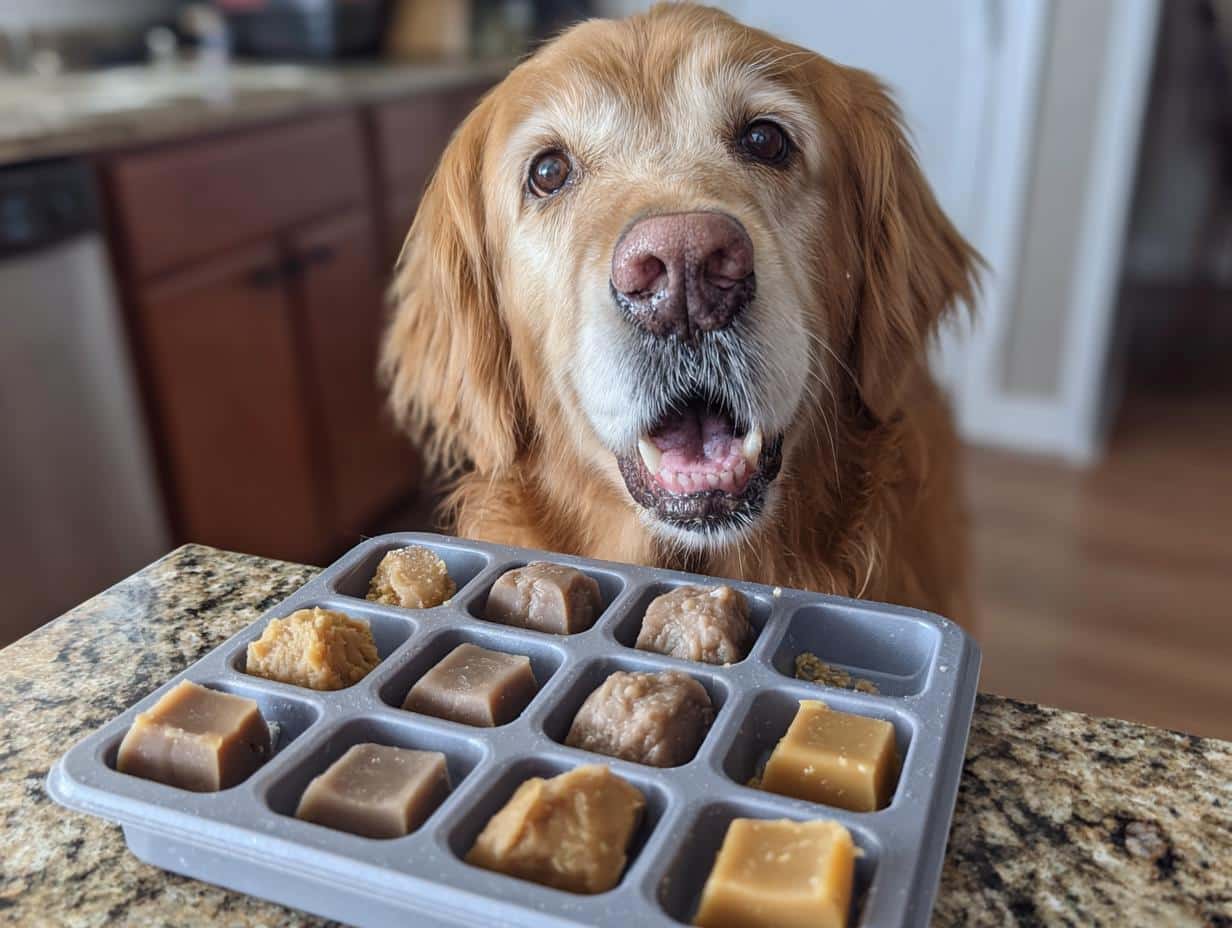 Golden retriever eagerly awaits Frozen Banana Peanut Butter Bites in an ice cube tray.