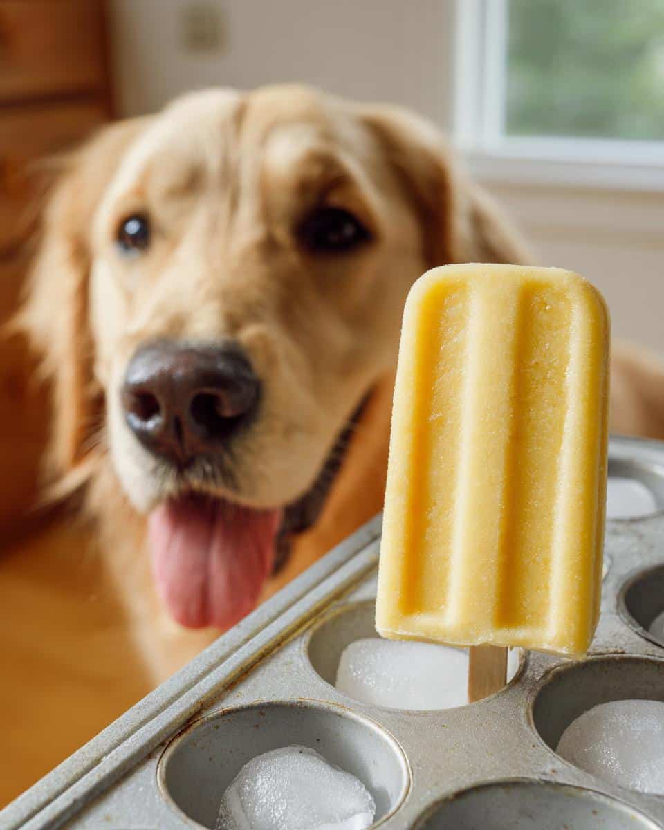 Golden Retriever dog looks at a Frozen Banana Yogurt Pop – Recipe for Dogs treat in a muffin tin with ice.