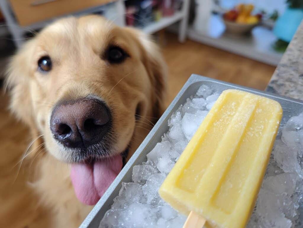 Golden retriever eagerly awaits a Frozen Banana Yogurt Pop, a healthy homemade dog treat.