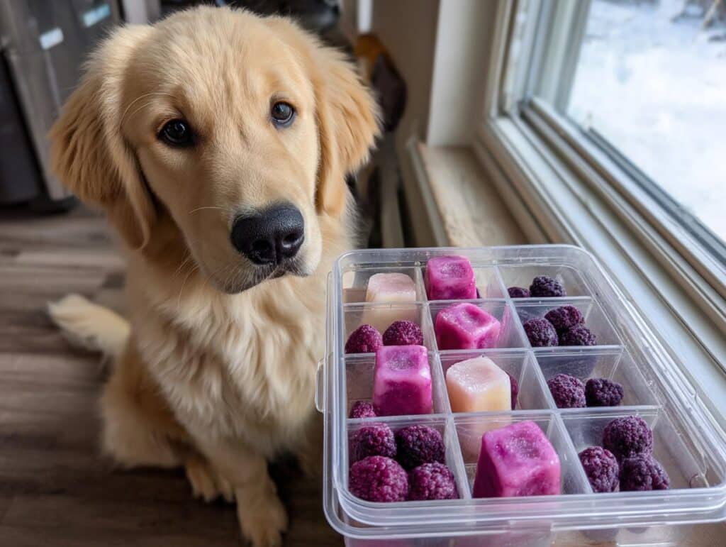 Golden Retriever dog looking at Frozen Berry Yogurt Cubes in a container, ready for a tasty treat.