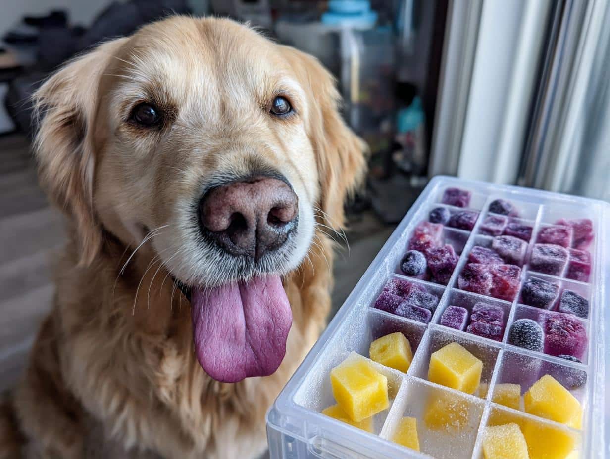 Golden retriever dog looking at frozen blueberry banana cubes in an ice cube tray, ready for a cool treat.