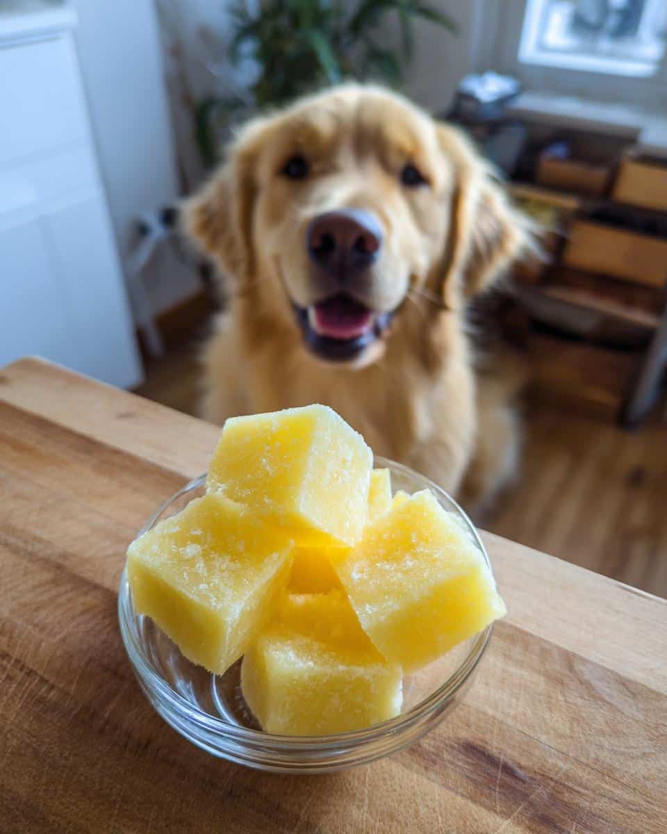 Golden retriever looking at a bowl of Frozen Coconut Mango Cubes – Recipe for Dogs.