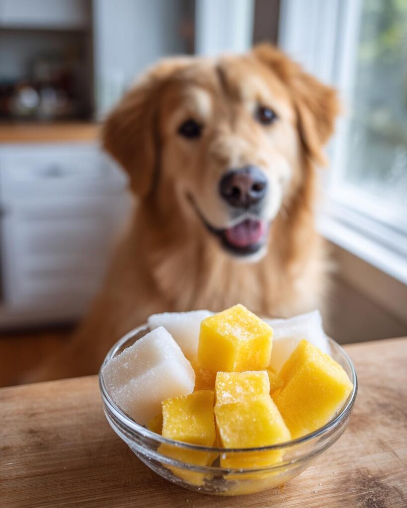 Golden Retriever looking at a bowl of Frozen Coconut Mango Cubes – a tasty treat for dogs.