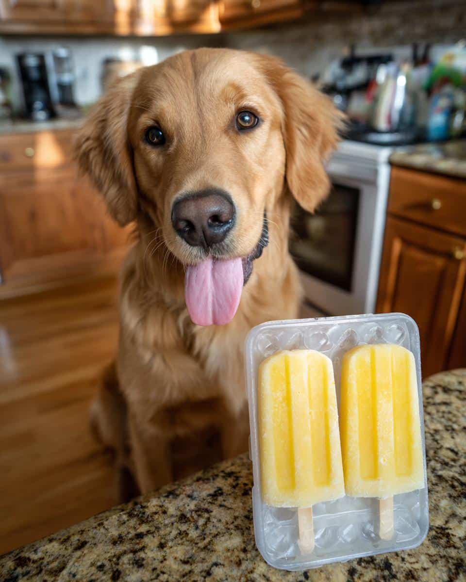 Golden Retriever dog looking at Frozen Pineapple Popsicles. Recipe for Dogs.