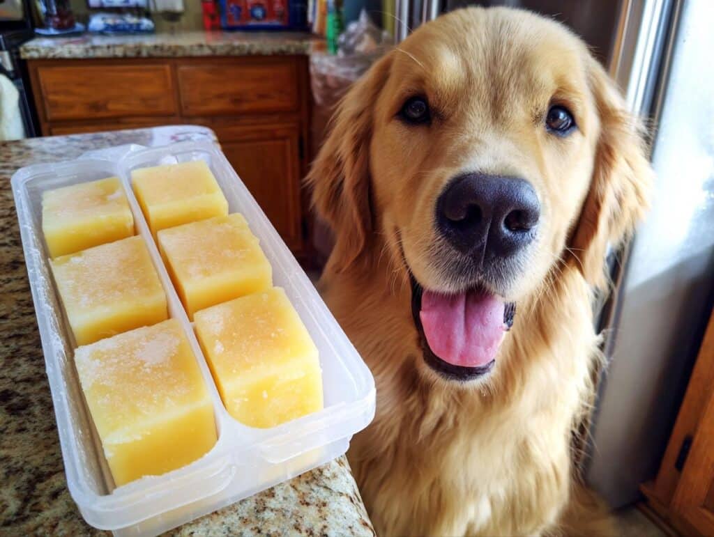Golden Retriever dog looking at frozen pineapple popsicles. Recipe for Frozen Pineapple Popsicles for Dogs.