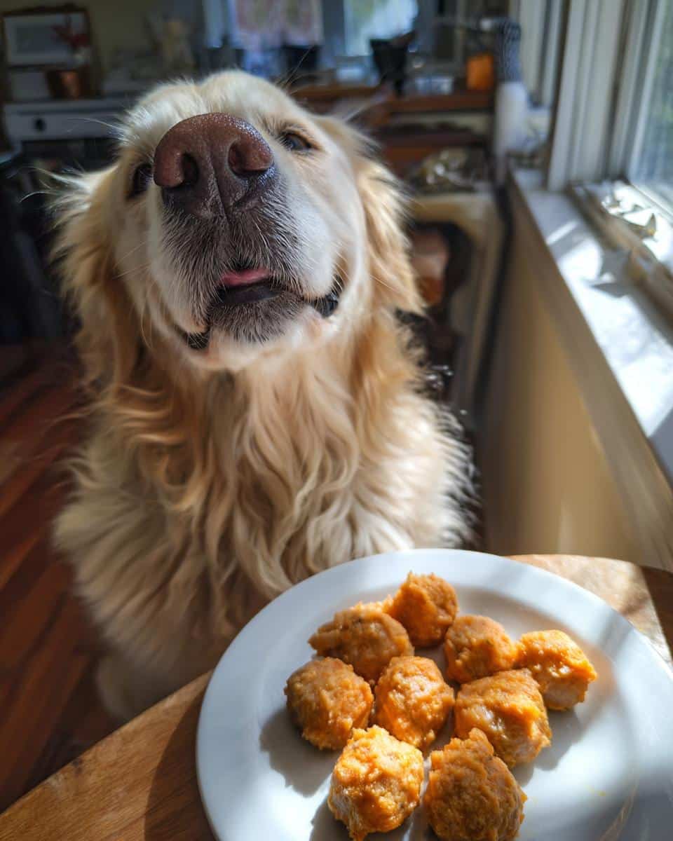 Golden Retriever dog looking at a plate of Frozen Pumpkin Yogurt Bites, a tasty treat for dogs.