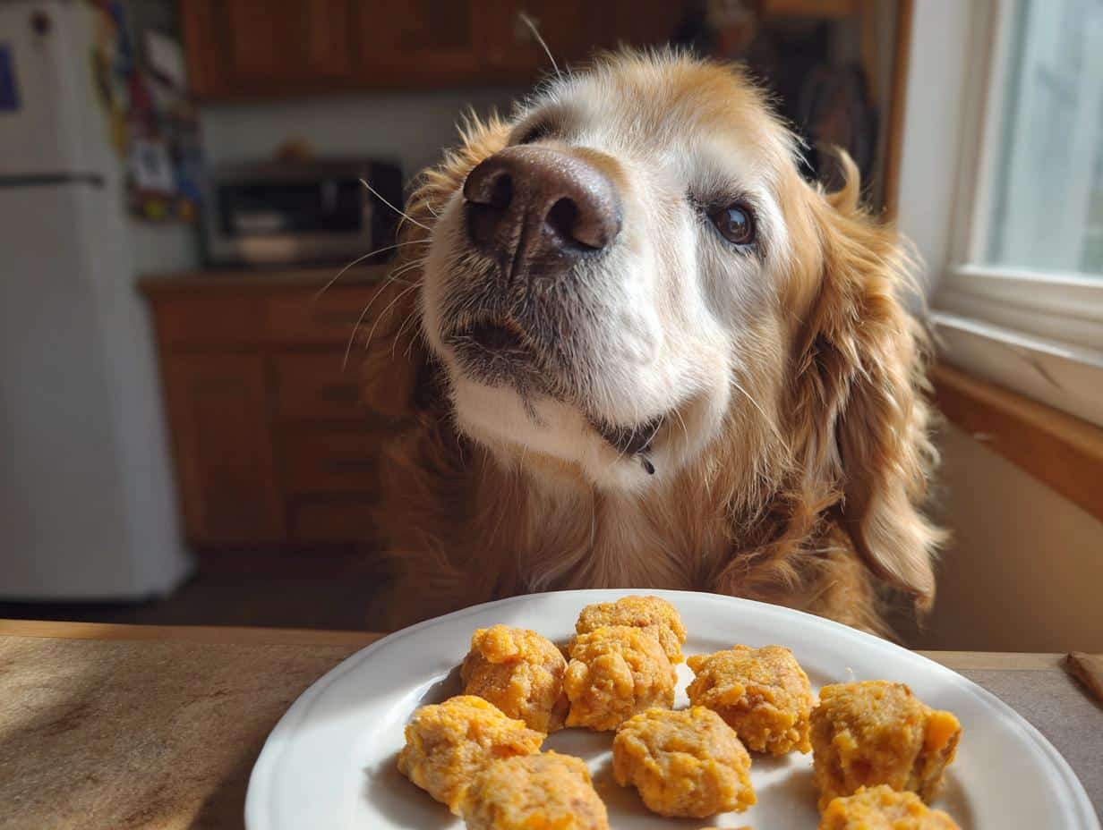 Golden retriever looking at a plate of Frozen Pumpkin Yogurt Bites – Recipe for Dogs.