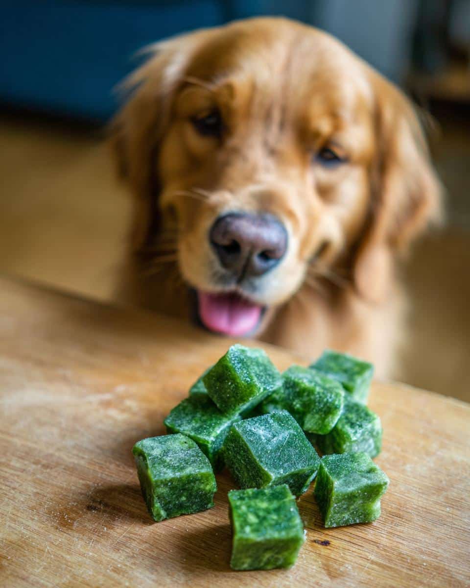 Golden retriever looking at a pile of Frozen Spinach & Apple Cubes, a healthy dog treat.