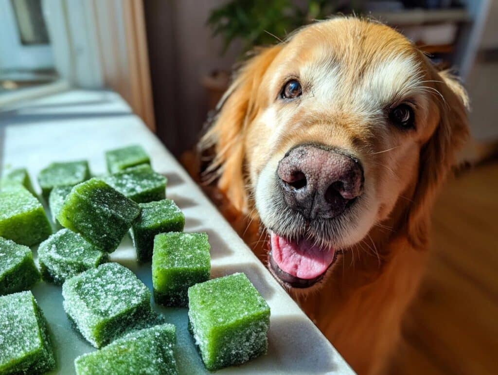 Golden Retriever dog looking at tray of Frozen Spinach & Apple Cubes – Recipe for Dogs treats.