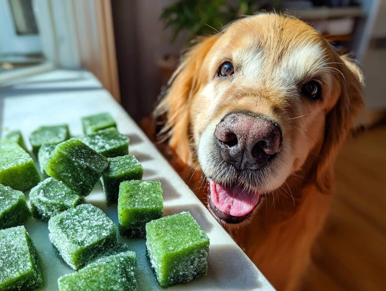 Golden Retriever dog looking at tray of Frozen Spinach & Apple Cubes – Recipe for Dogs treats.