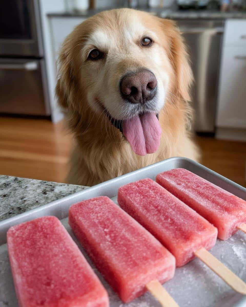 Golden Retriever dog looking at a tray of Frozen Watermelon Yogurt Pops, a healthy treat.