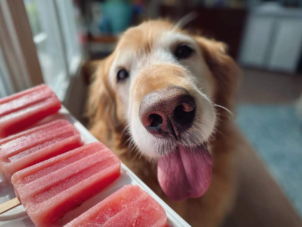 Golden retriever dog eagerly awaits Frozen Watermelon Yogurt Pops. Homemade dog treat recipe.