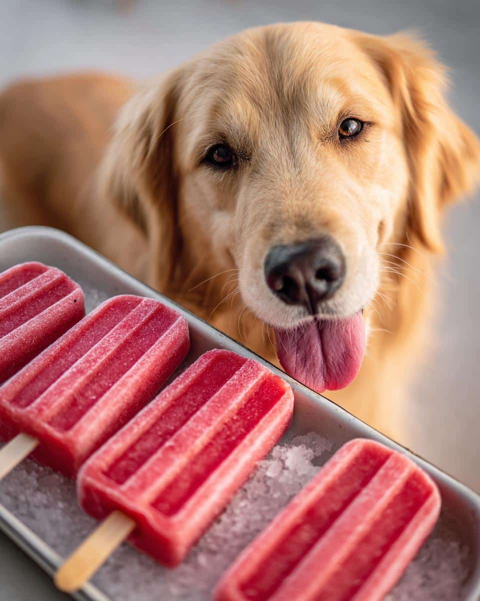 Golden retriever dog looking at Frozen Watermelon Yogurt Pops on a tray of ice, tongue out.