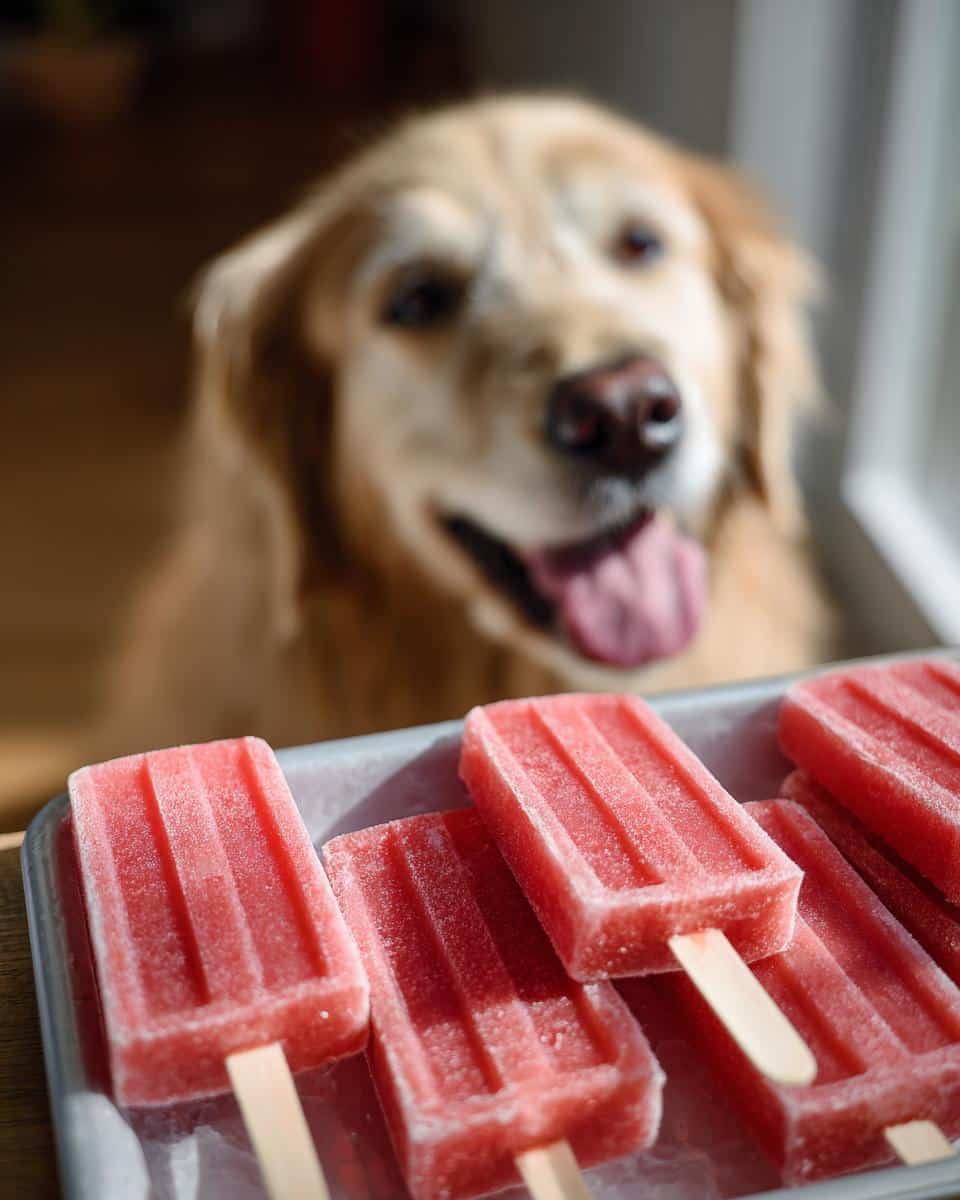 Tray of Frozen Watermelon Yogurt Pops – Recipe for Dogs, with a golden retriever in the background.