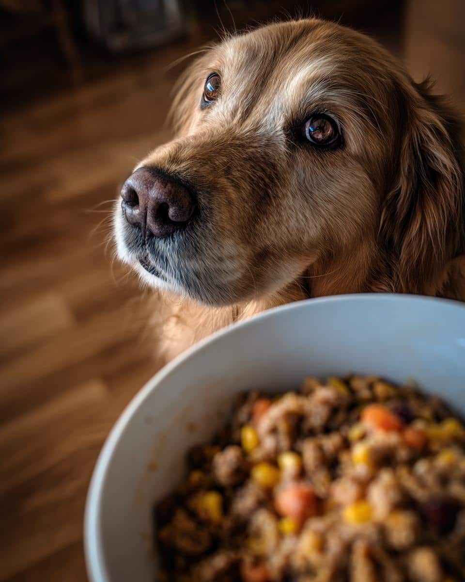 Golden Retriever looking longingly at a bowl of Beef & Barley Large Dog Meal.
