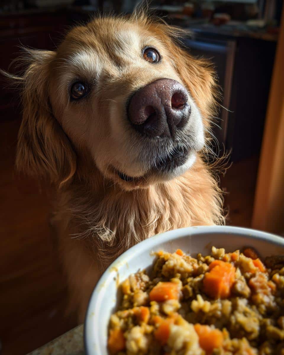 Golden Retriever dog looking at a bowl of Beef & Pumpkin Large Dog Food.
