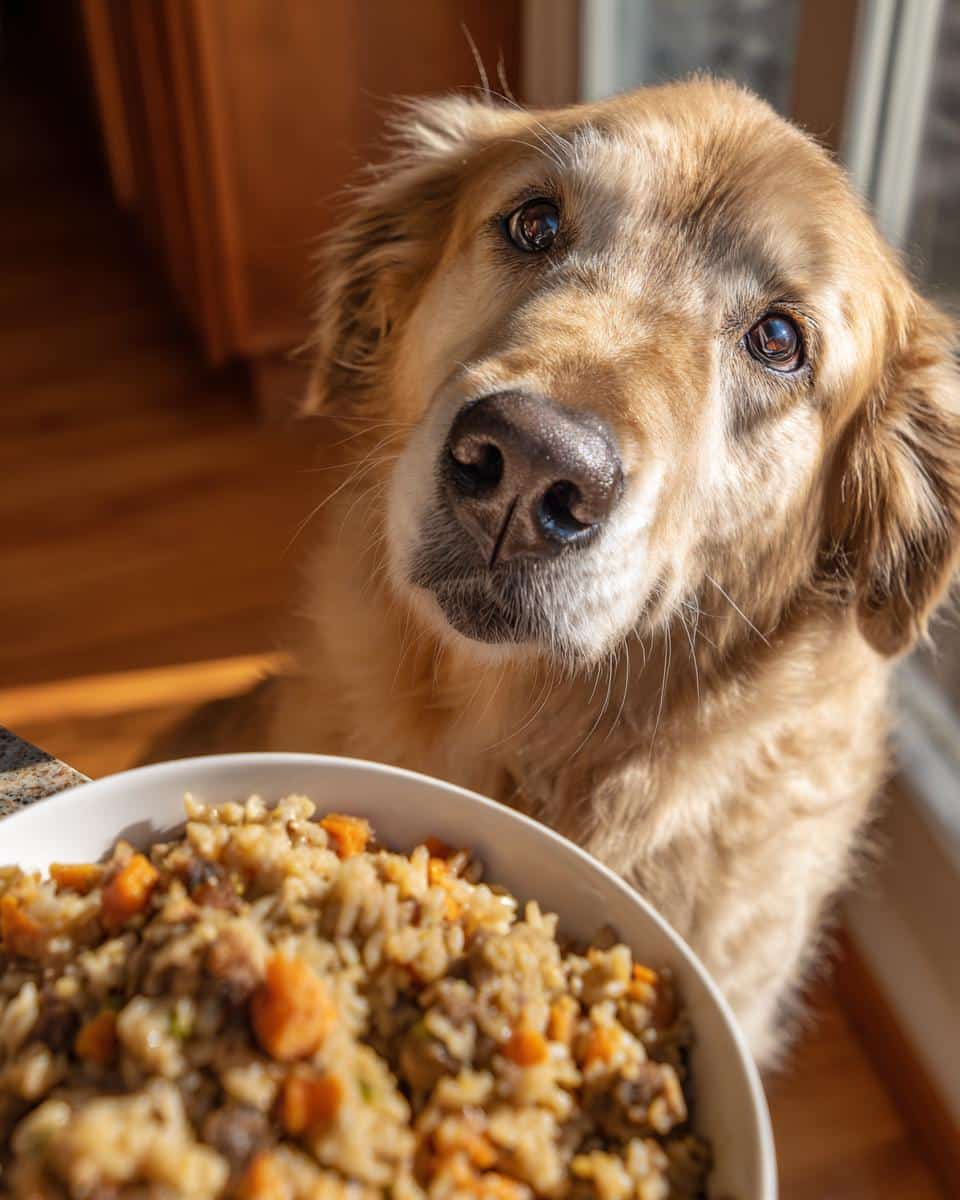 Golden Retriever dog looking at a bowl of Chicken Liver & Brown Rice Healthy Dog Food.