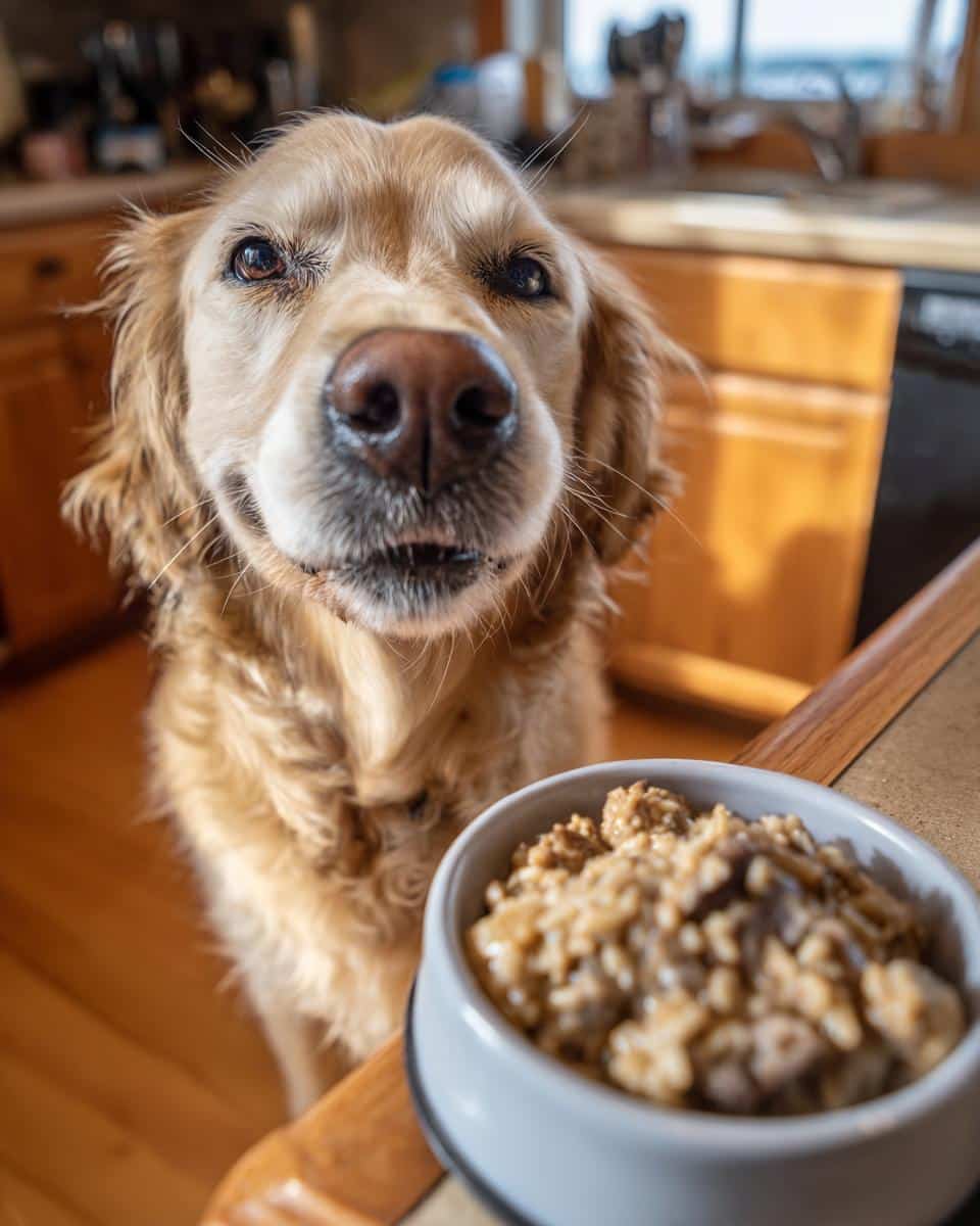Golden retriever looking eagerly at a bowl of Chicken Liver & Brown Rice Healthy Dog Food.