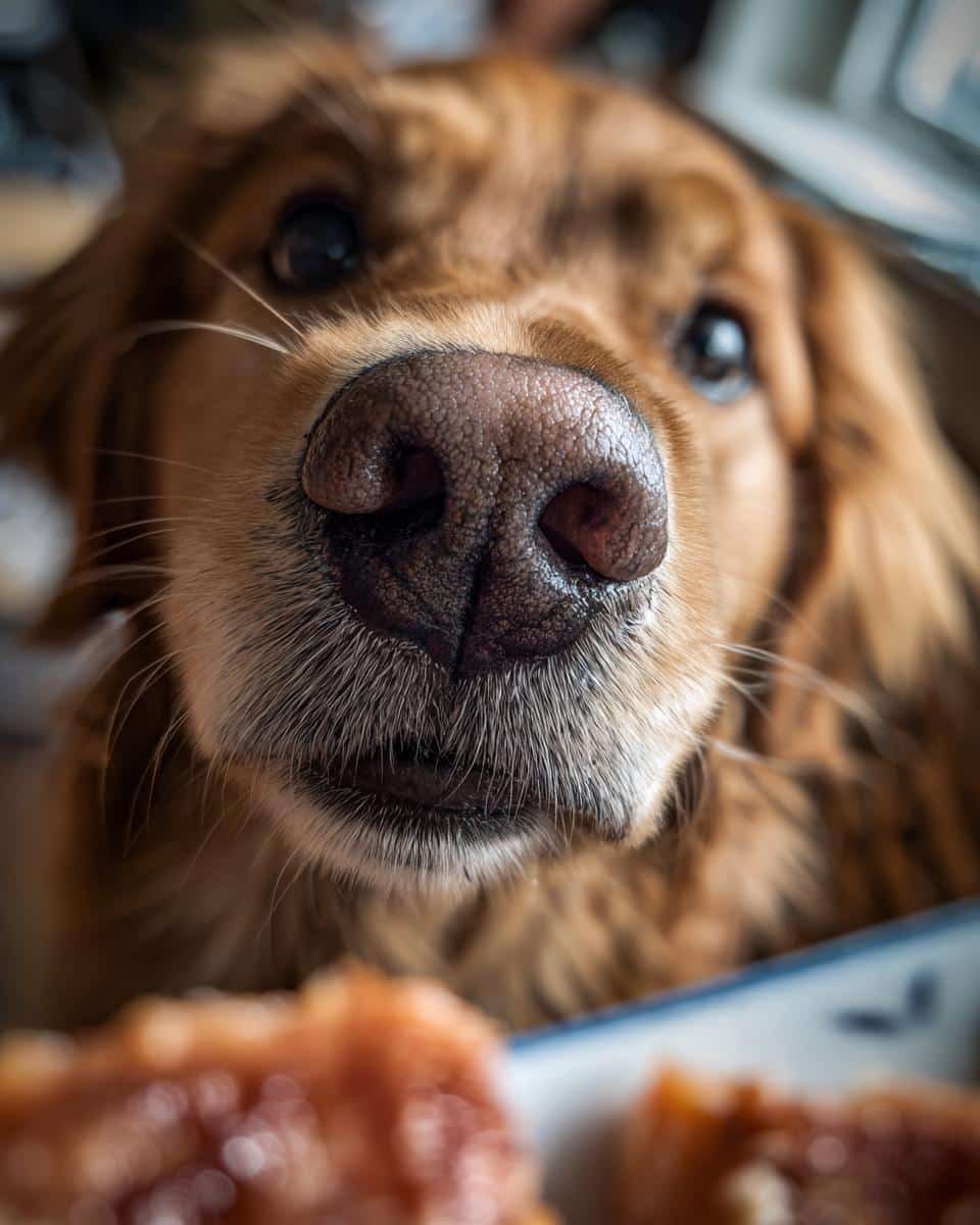 Close-up of a golden retriever's face, eagerly awaiting Crockpot Salmon & Veggies Dog Food.