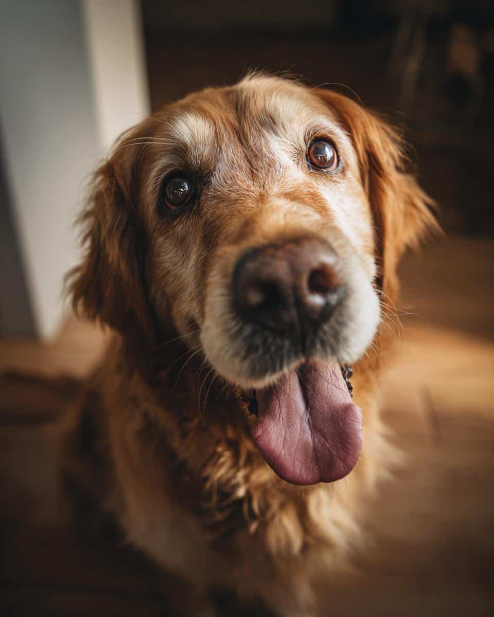 Golden retriever looking up expectantly, likely anticipating Crockpot Salmon & Veggies Dog Food.