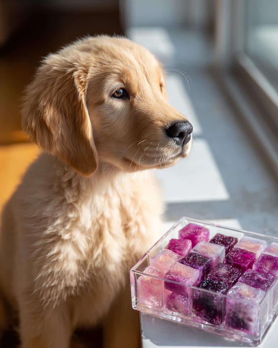 Golden retriever puppy looking at Frozen Berry Yogurt Cubes. Homemade dog treats.