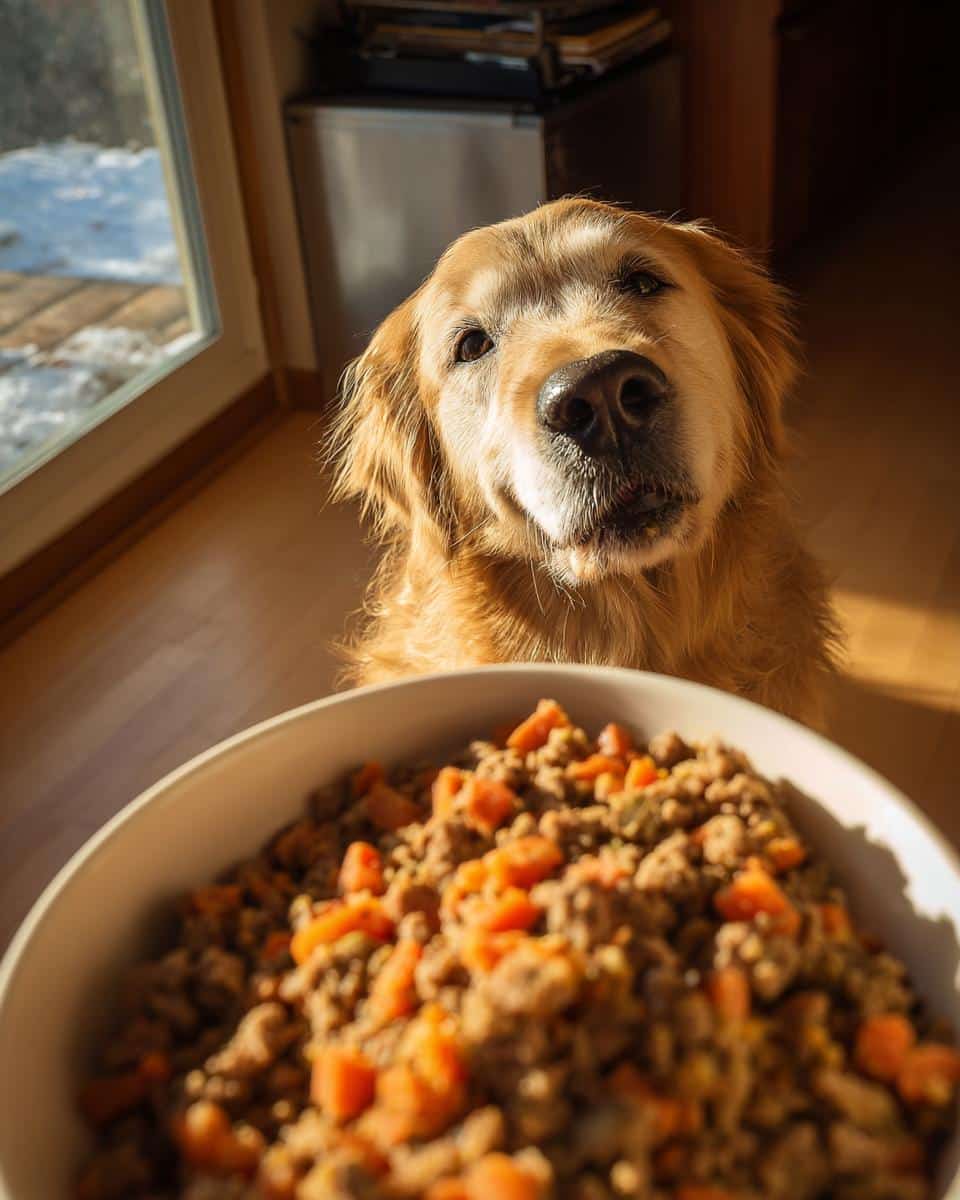 Golden retriever looking longingly at a bowl of Ground Beef & Carrot Dog Food.