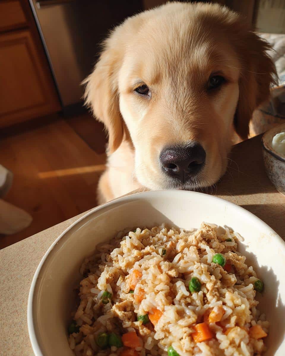 Golden Retriever puppy looking longingly at a bowl of Ground Turkey & Rice Easy Dog Recipe.