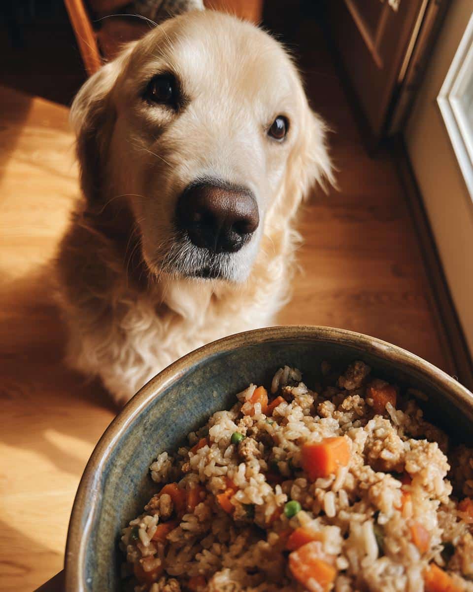 A Golden Retriever looks longingly at a bowl of Ground Turkey & Veggie Dog Food.