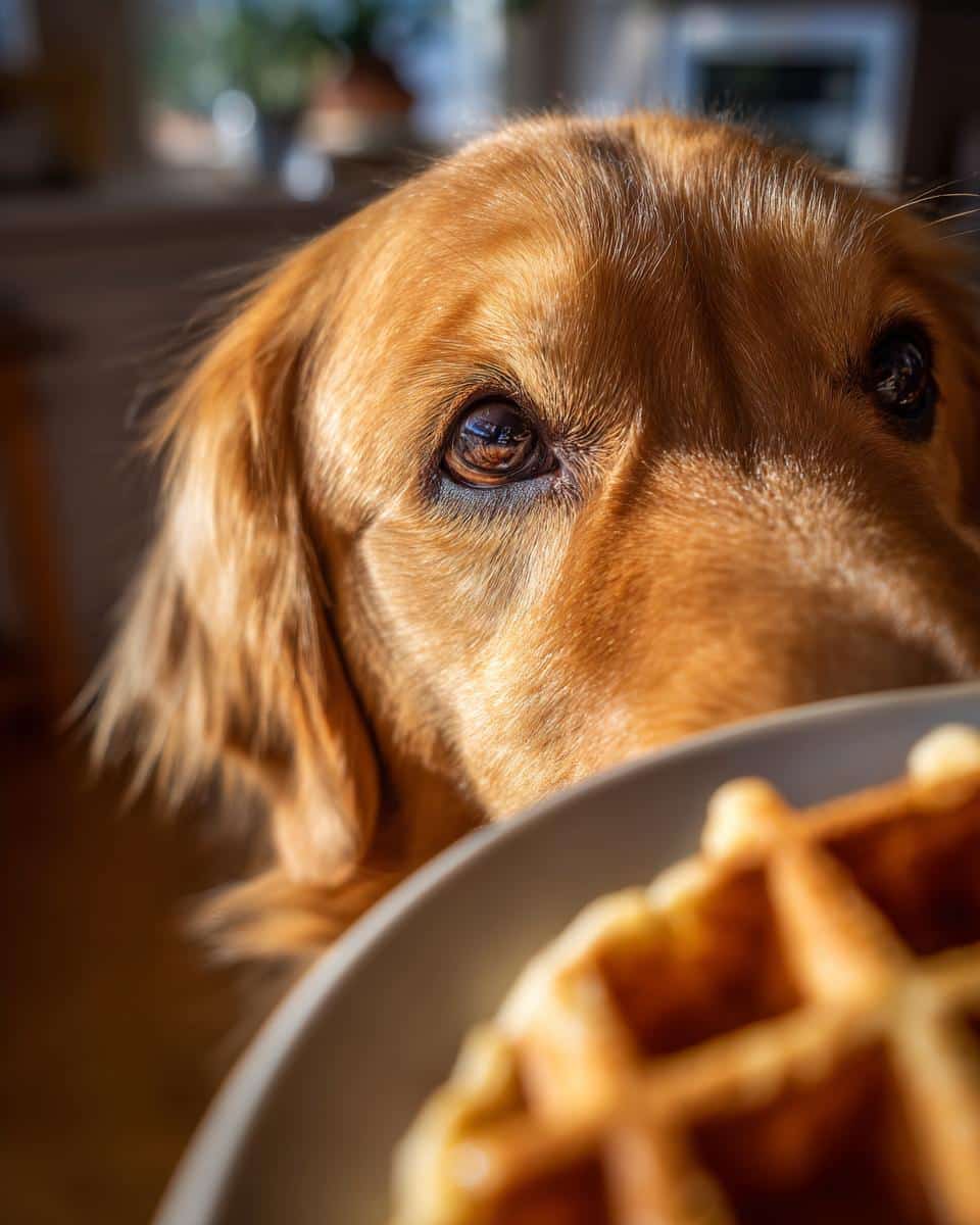 A golden retriever stares intently at a plate of Homemade Dog Waffles, eager for a tasty treat.