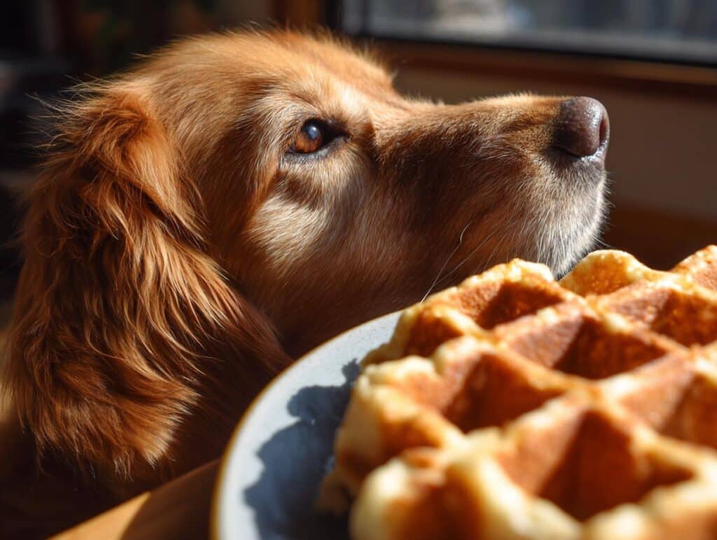 A golden retriever looks longingly at a plate of homemade dog waffles. Focus on the dog's face and the waffles.