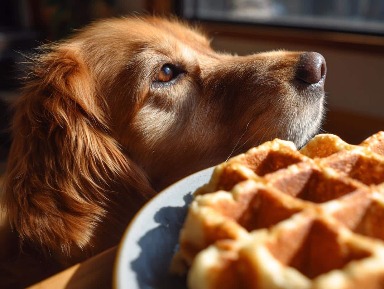 A golden retriever looks longingly at a plate of homemade dog waffles. Focus on the dog's face and the waffles.