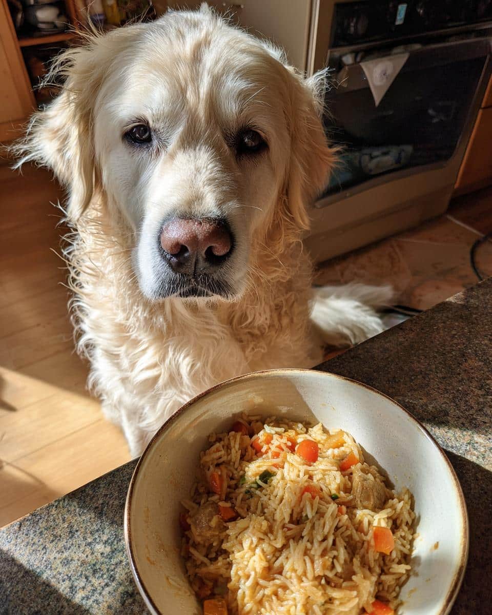 Golden Retriever looking at a bowl of Lamb & Rice Stew – Recipe for Dogs. Healthy and delicious dog food.