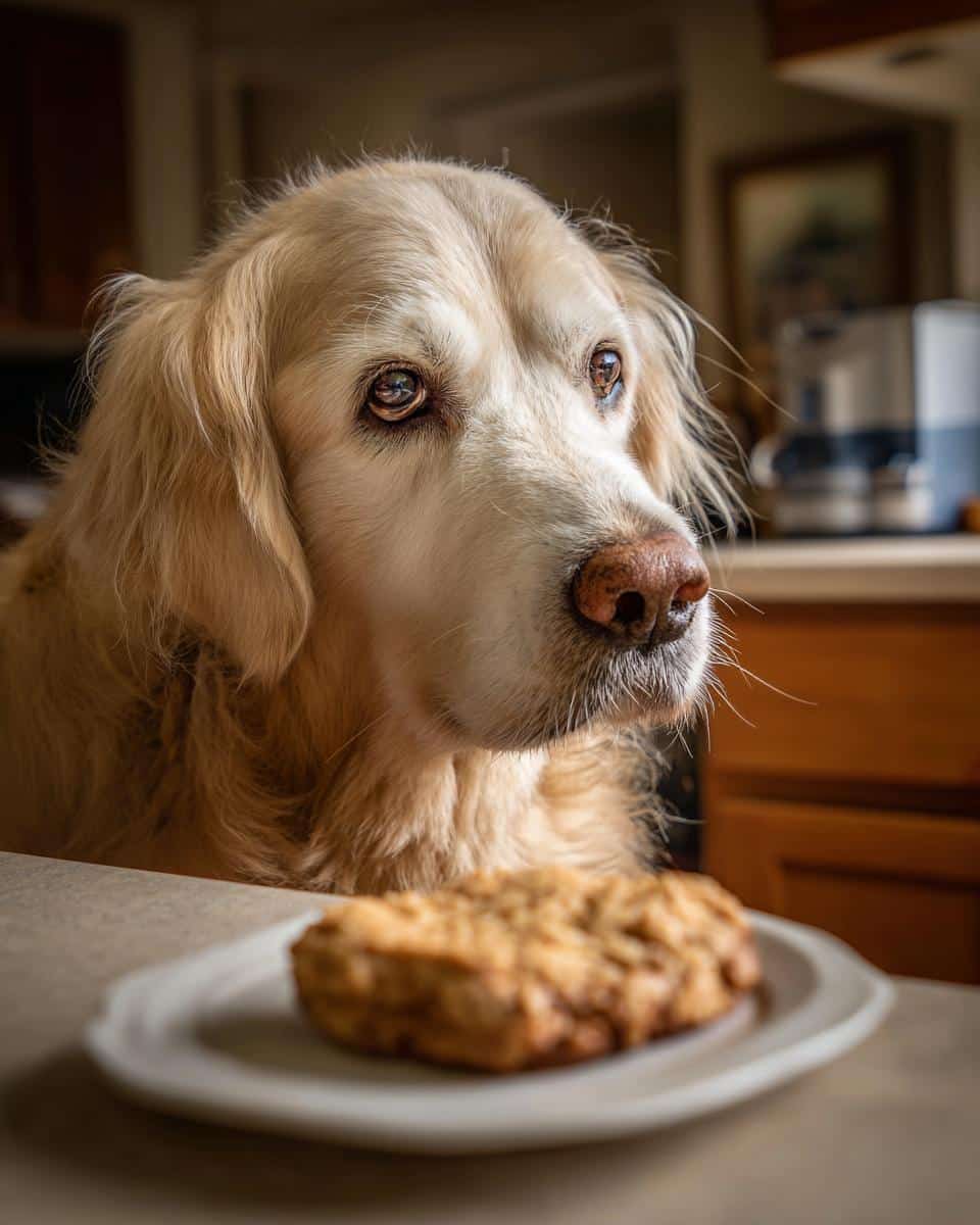 Golden Retriever looking longingly at a Peanut Butter Banana Cookie on a plate.